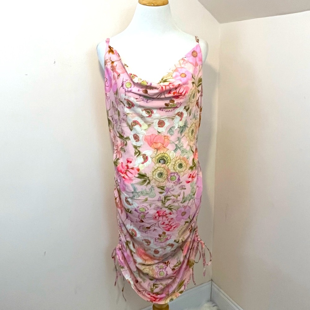 ASOS Y2K Style Midi Slip Dress Pink Floral Drape Neckline 12 NEW